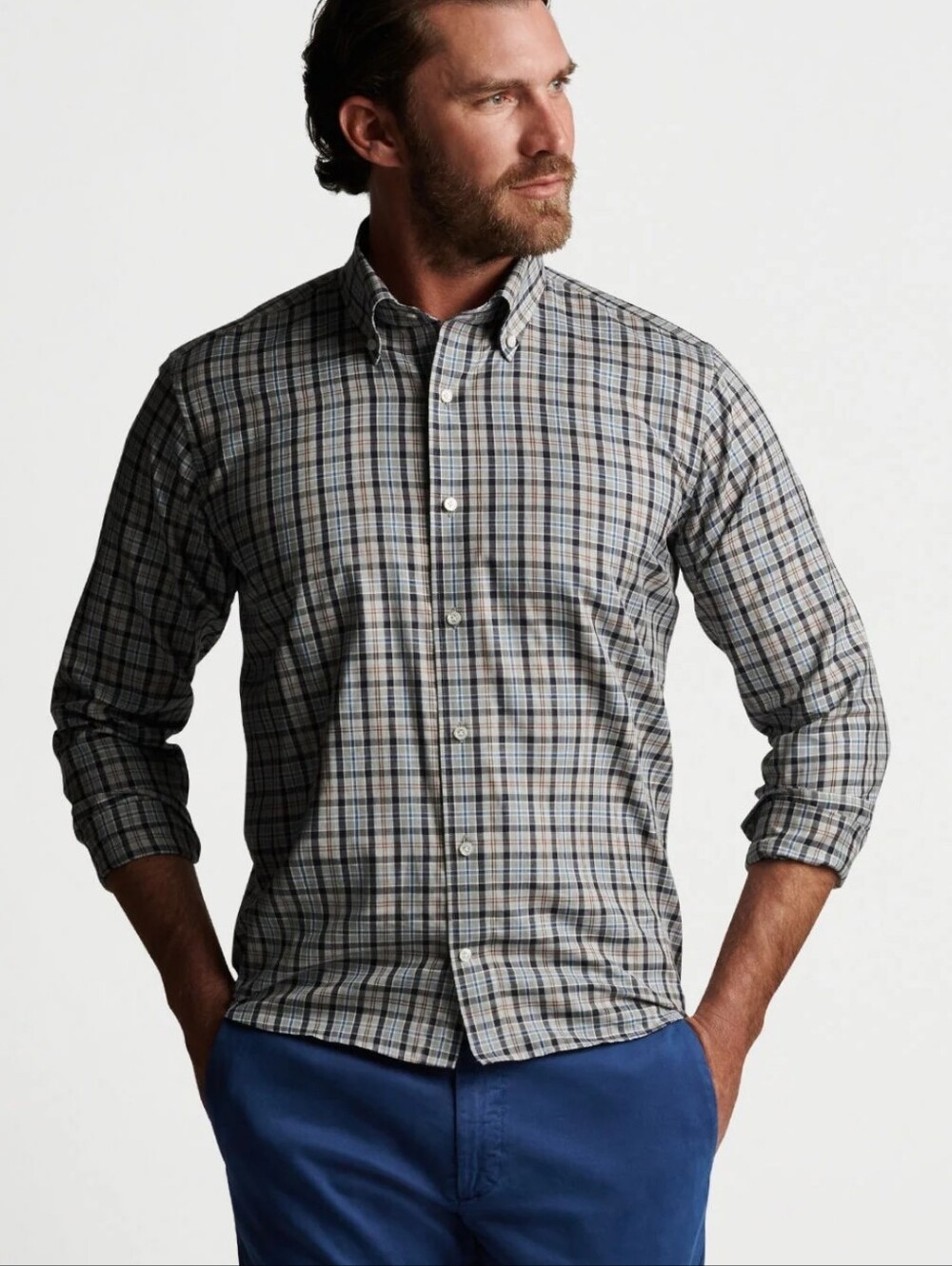 Peter Millar Men's Gray and Blue Plaid Refined Sport Button-Down Shirt XL